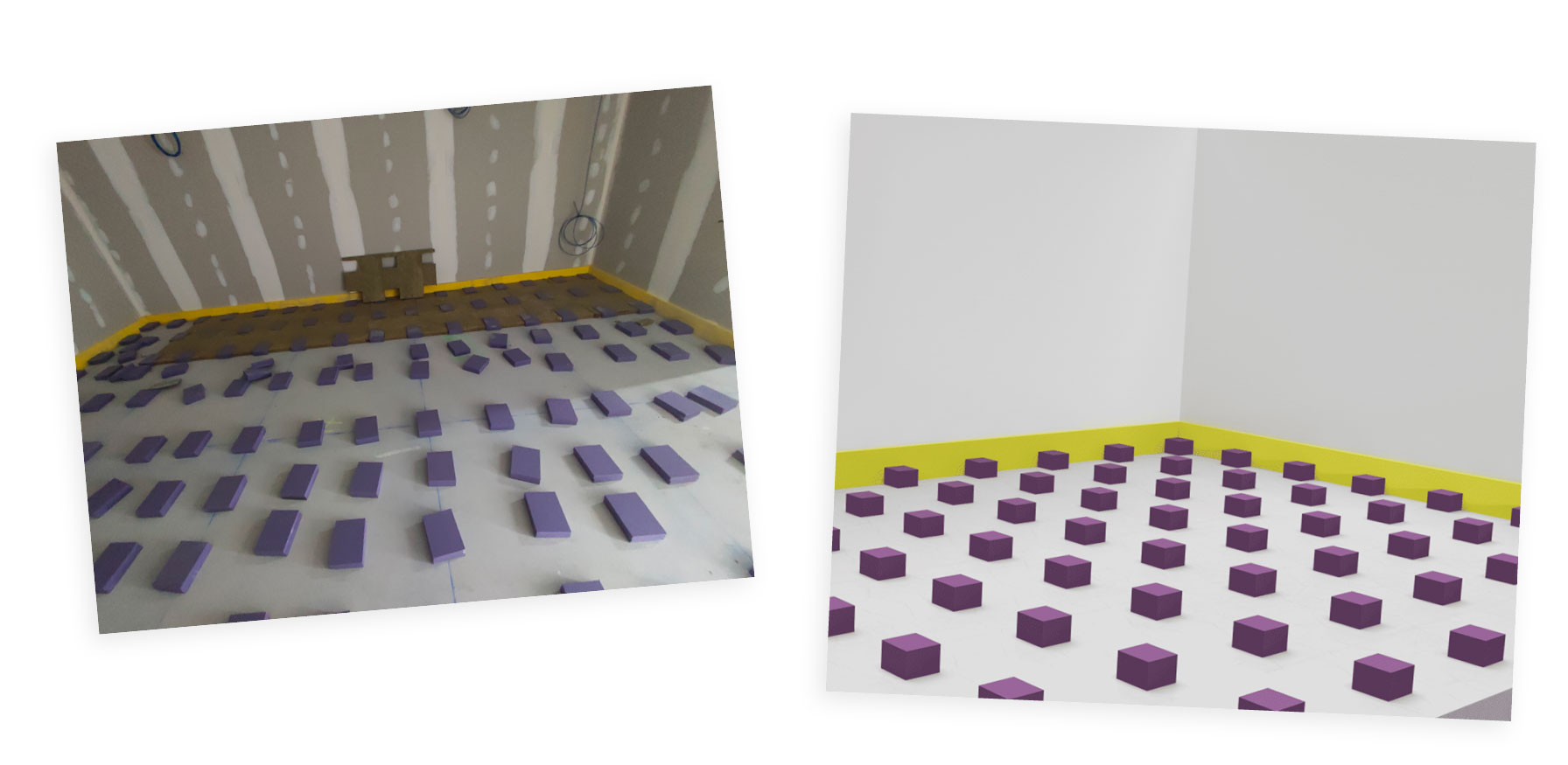 Exemple de plots sous dalle en Regufoam Vibration pour dalle flottante acoustique et antivibratoire