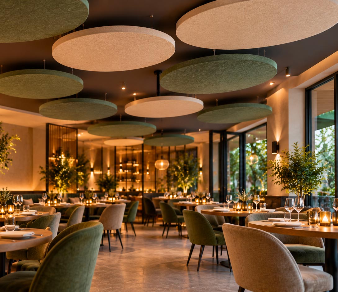 Restaurant moderne équipé de panneaux acoustiques suspendus