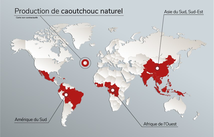 Carte des 3 plus gros continent produisant du caoutchouc naturel, carte non contractuelle