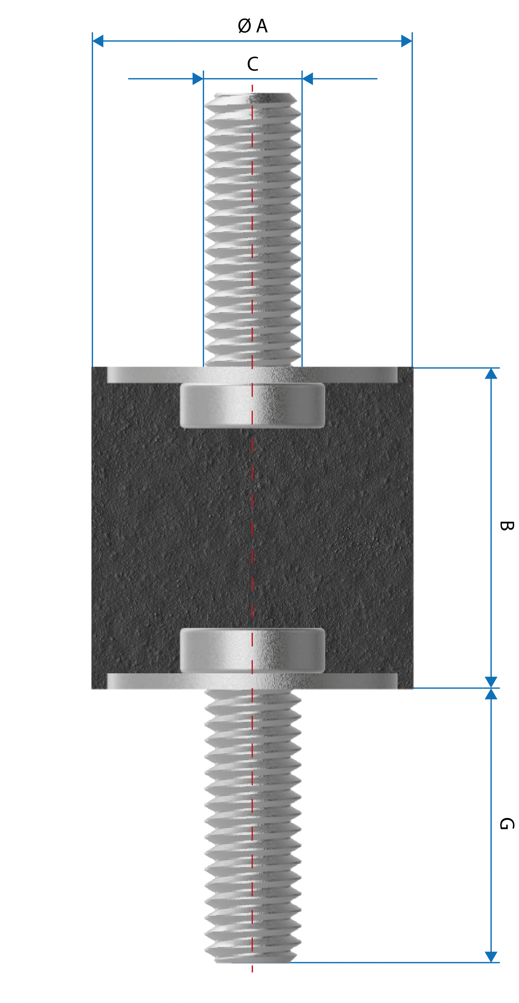 Dimensions du Radiaflex SE111 avec deux tiges filetées