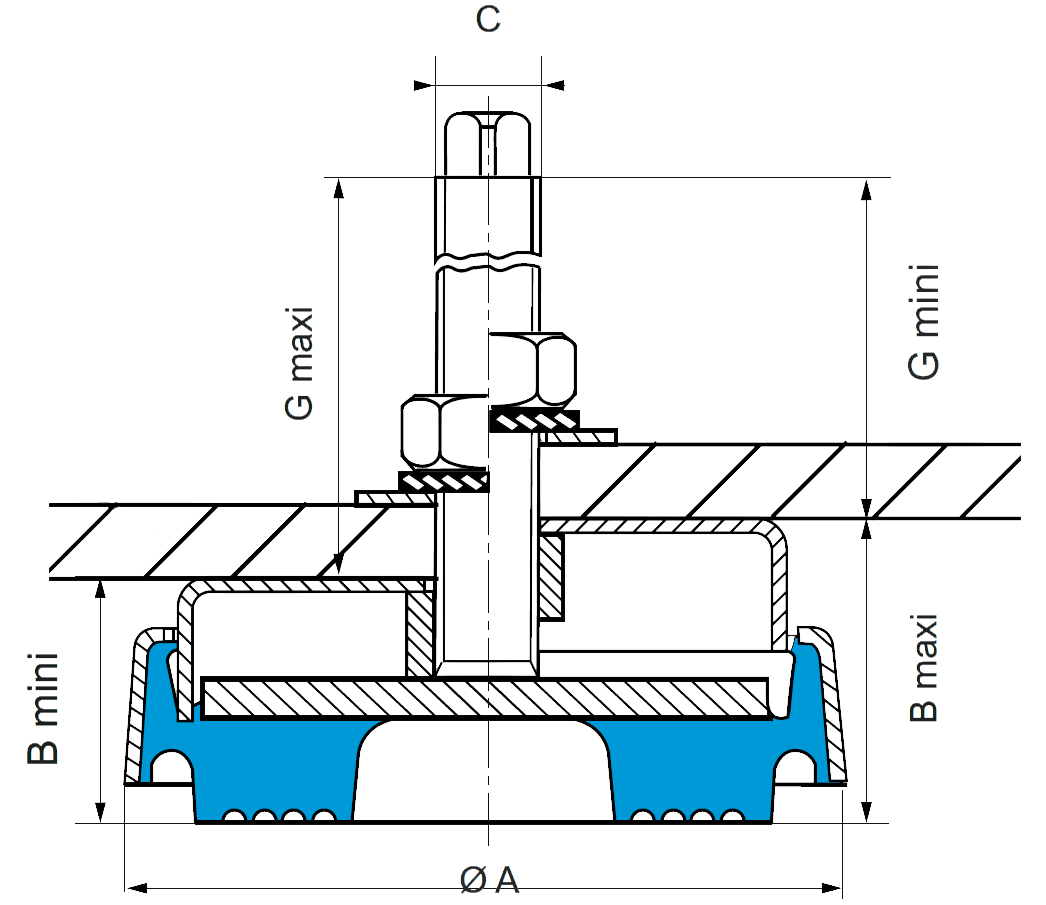 Dimensions of Paulstra Nivofix SE112 anti-vibration mounting